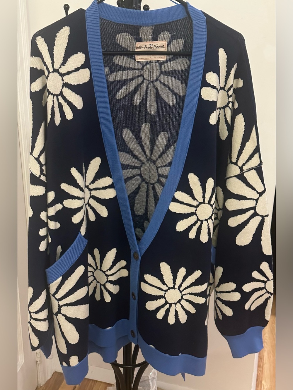 Free People Navy & White Daisy Knit Cardigan Size Medium